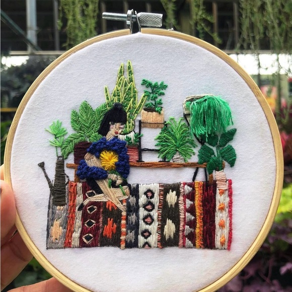 Other - PLANT LADY SITTING ON RUG Embroidered Art